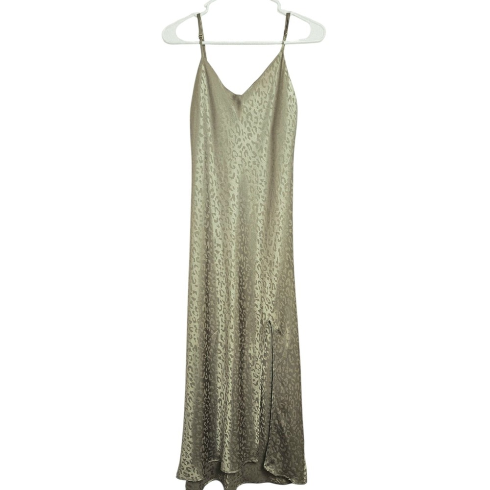 Show Me Your MuMu Zio Dress Sz XS Satin Midi Slip Strap V-Neck Sage Cheetah USA‎